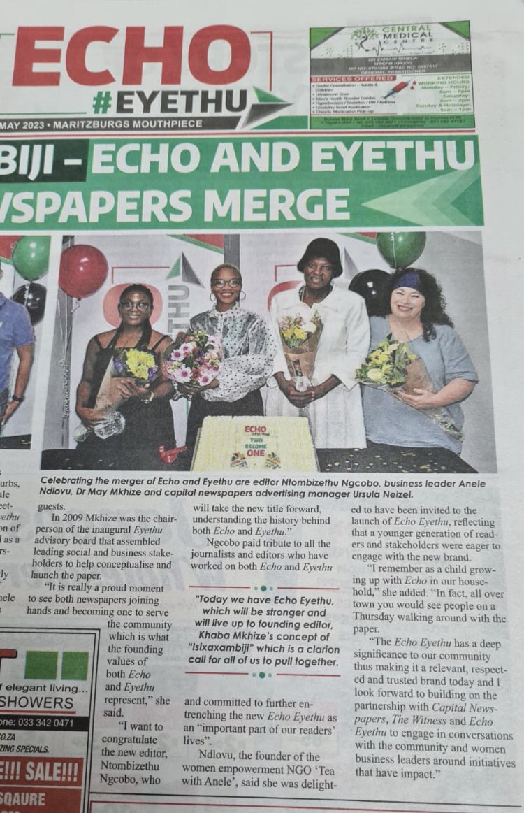 ndlovu_anele's tweet image. Yesterday…PMB Gems; first edition of the merged publication Echo #Eyethu (we’re on the front page from the cake cutting ceremony 😌), the historic City Hall, Anele Ndlovu 😋…taken from the Tatham Art Gallery, another PMB Gem 😍❤️🐘💎 @MsunduziM @kzngov 

#theteawithanelendlovu