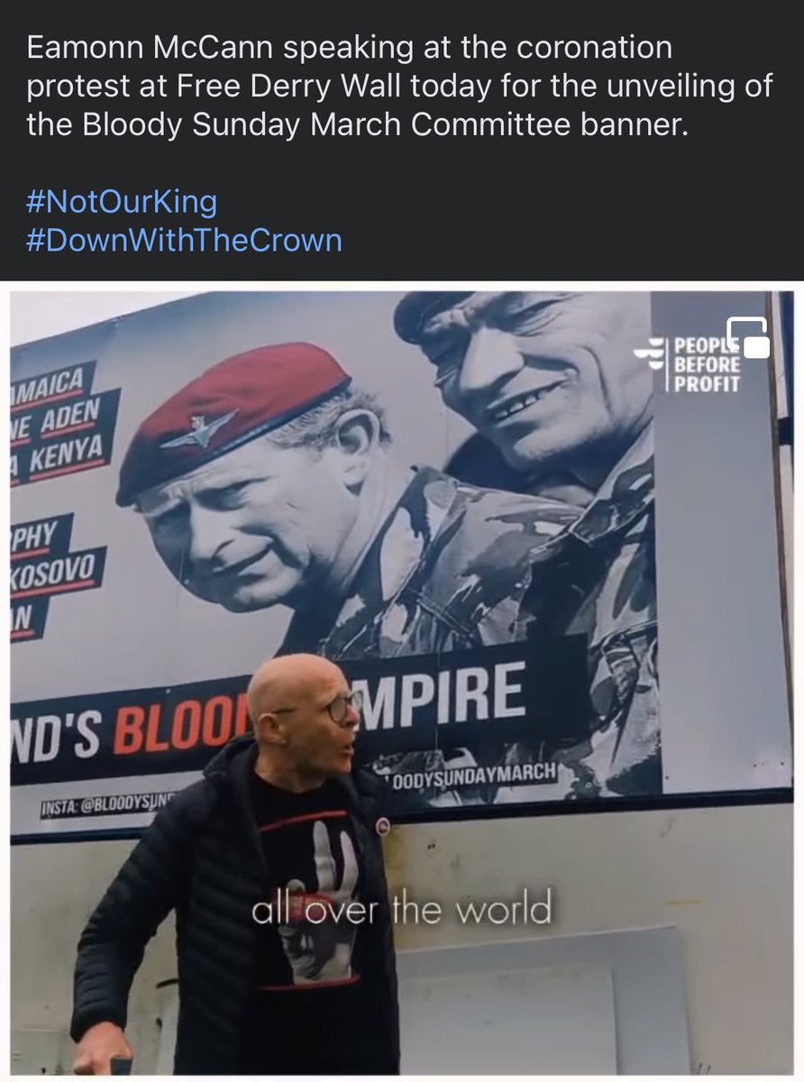 AmandaFBelfast's tweet image. NEW: Eamonn McCann speaking at a coronation protest at Free Derry Wall for the unveiling of #BloodySunday March Committee banner. 

“England’s Blood Empire” 

“Soldier F didn’t decide to come to Derry on his own…”

fb.watch/kkqOovQO60/ #NotOurKing #DownWithTheCrown