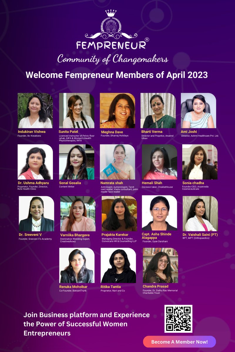 One more successful month of Fempreneur Community.
Join me to welcome Women Entrepreneurs who have joined Fempreneur - Community of Changemakers in the Month of April 2023

#fempreneurCommunity #VyapaarJagat #fempreneurlifestyle #1MillionChallenge #1MillionMission