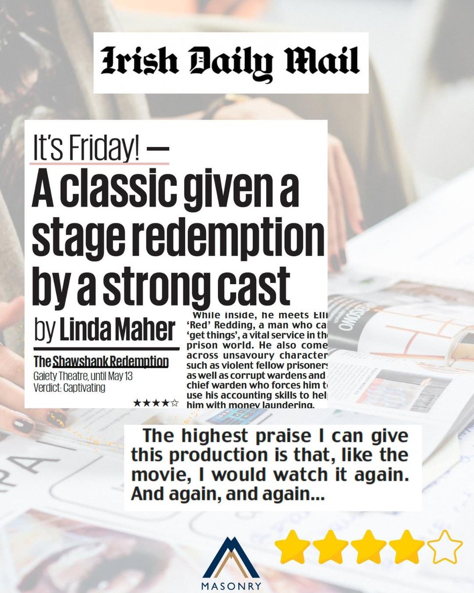 Kathryn MASONRY PR (@masonry_pr) on Twitter photo ππππ What a review! Thank you <a href="/Lindamaherdub/">Linda Maher</a> Irish Daily Mail for this cracker of a review. Donβt miss The Shawshank Redemption at <a href="/gaiety_theatre/">The Gaiety Theatre</a> until May 13th - limited tickets remaining. #Client #TheatrePR #PRIreland #ClientCoverage ππππ What a review! Thank you <a href="/Lindamaherdub/">Linda Maher</a> Irish Daily Mail for this cracker of a review. Donβt miss The Shawshank Redemption at <a href="/gaiety_theatre/">The Gaiety Theatre</a> until May 13th - limited tickets remaining. #Client #TheatrePR #PRIreland #ClientCoverage