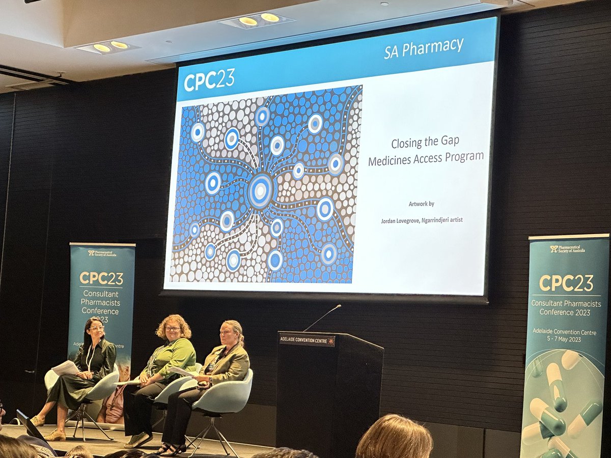 Chris_Camp6ell's tweet photo. PSAs Megan Tremlett talking cultural safe communication with SA Aboriginal Health Lead pharmacist - Cheyne Sullivan and Kylie Van Rooijen - Port Lincoln Aboriginal Health Service pharmacist 

@mptremlett  #CPC23 @PSA_National https://t.co/TfwbKhyVqx