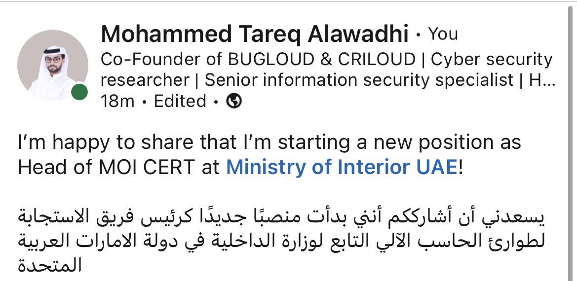0xmtdi's tweet photo. الحمدلله بدأت منصب جديد كرئيس فريق الاستجابة لطوارئ الحاسب الآلي التابع لوزارة الداخلية في دولة الامارات العربية المتحدة.

اسأل الله التوفيق والنجاح ❤️🙏 https://t.co/NziZQQMdHN