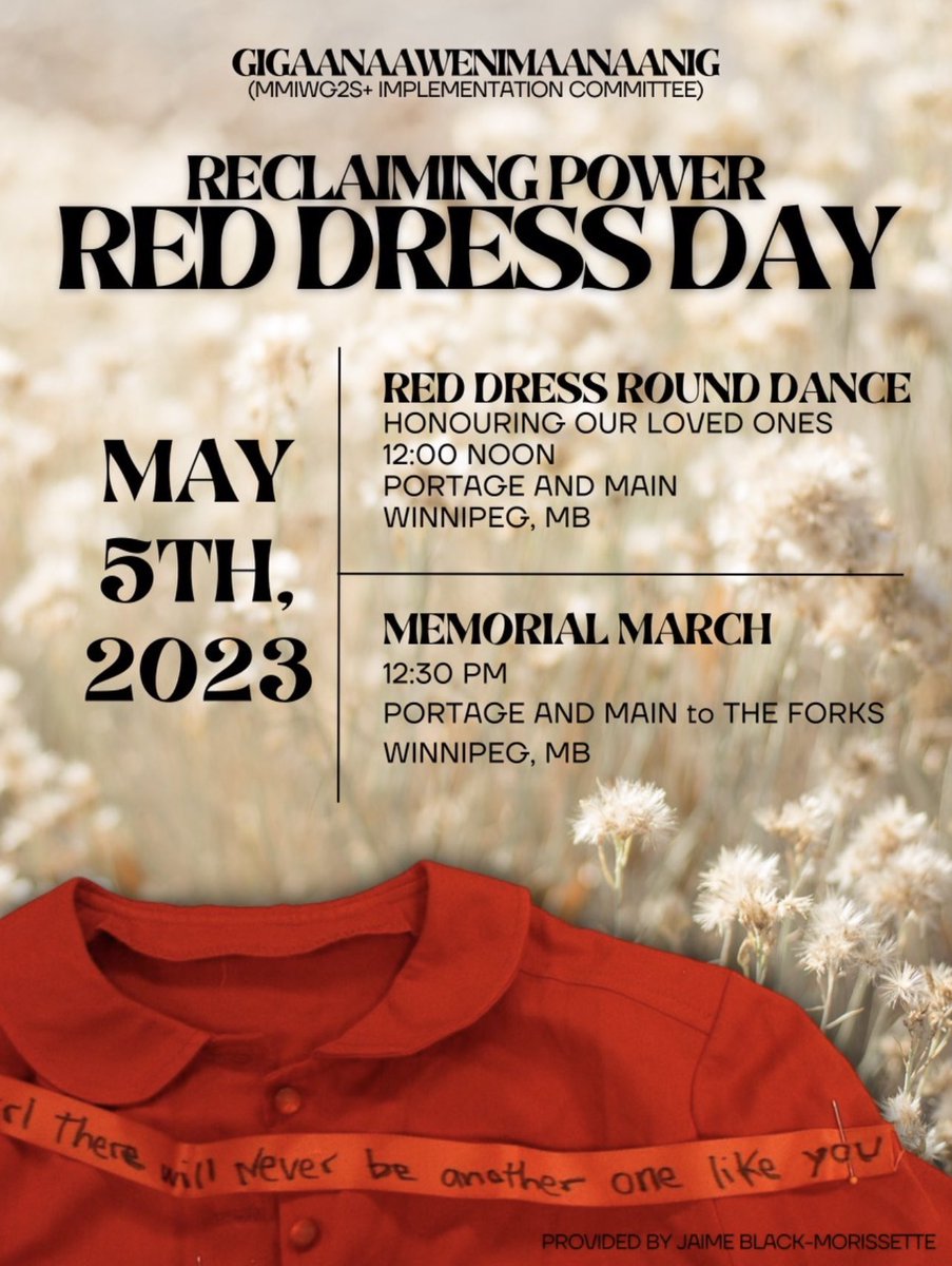 Tomorrow marks the National Day of Awareness for Missing  and Murdered Indigenous Women, Girls and Two Spirit Peoples In Canada. We support a Red Dress Alert system: winnipeg.citynews.ca/2023/03/29/red…
Join GIGAANAAWENIMAANAANIG for a Red Dress Day event today , Friday, May 5. #RedDressDay