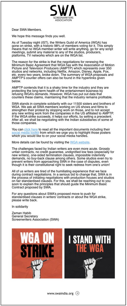 SWA - Screenwriter's association of India stands with WGA. 
#WGAstrong #WGAwest #WGAeast #preWGA #writersstrike