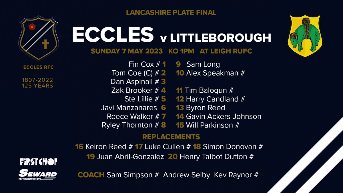 EcclesRugby's tweet photo. Final line up of the 2022/23 season:
YOUR 1XV TEAM for the @lancashirerugby PLATE FINAL.🏆🏉🌹
@EcclesRugby v @LittleboroughRU 
Sunday 7 May 1pm KO at @LeighRUFC 
Good luck lads. Bring it home. #Homegrown https://t.co/qMEHxRuaqF