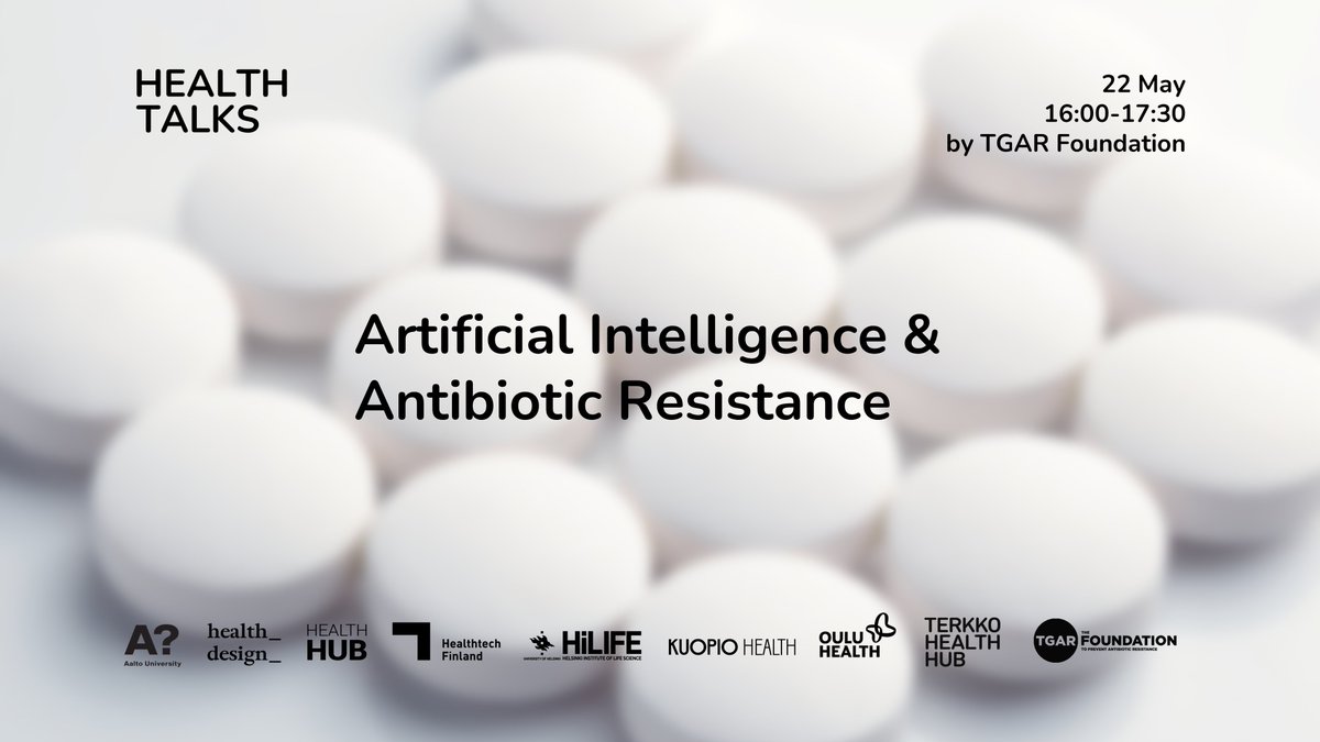 Welcome to a new edition of Health Talks: Artificial Intelligence &amp; Antibiotic Resistance: terkko.fi/health-talks/ 

📍at <a href="/terkko/">Terkko Health Hub</a> &amp; online 
🗓️ May 22nd 16:00-17:30  

Co-organised together with <a href="/AntibioticsThe/">The Global Antibiotics Resistance Foundation</a>