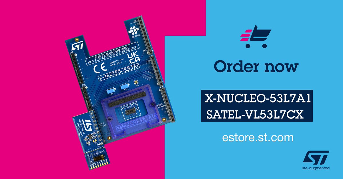 ST_World's tweet image. 🛒 Start developing your high-accuracy #TimeOfFlight multiobject detection project with VL53L7CX 8x8 multizone ranging sensor and its development environment.
👉 X-NUCLEO-53L7A1:spkl.io/601745PyX
👉 SATEL-VL53L7CX: spkl.io/601845Pyk
#ToF #ProximitySensors #eStore
