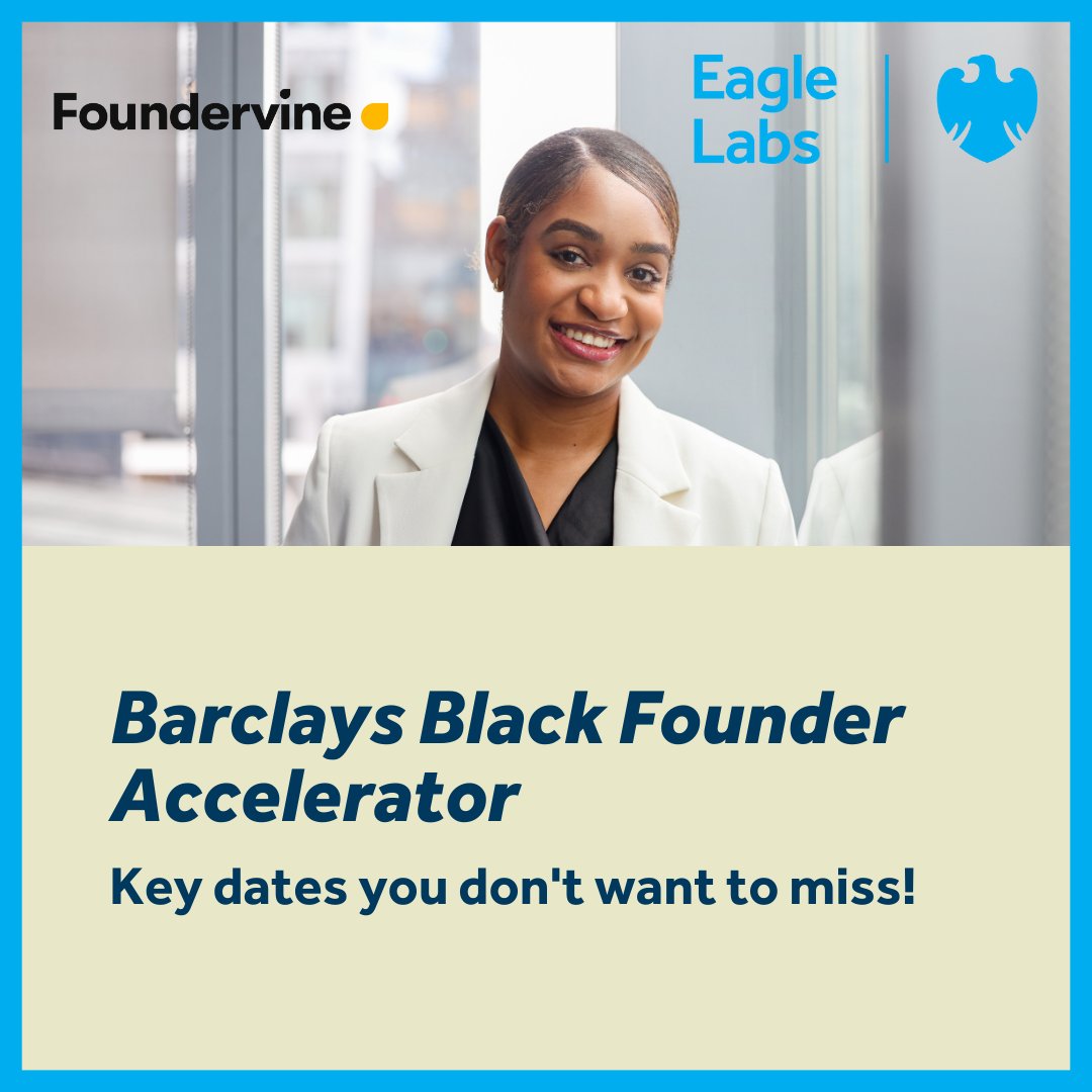 The Barclays Black Founder Accelerator is open for applications and here are some key dates you don't want to miss!

Applications Close: 
12 June, 2023

Accelerator Starts:
13 July, 2023

Demo Day: 
23 November, 2023

Click here to apply now 
labs.uk.barclays/what-we-offer/…