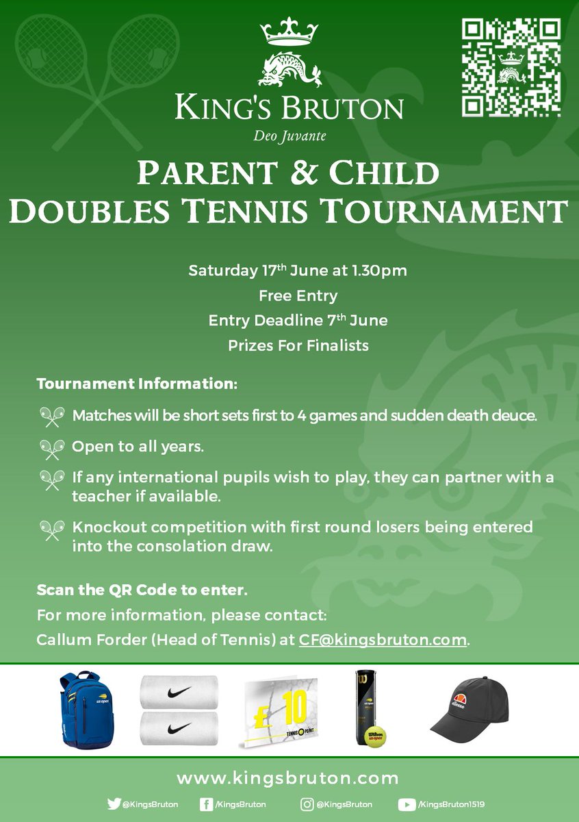KingsBruton's tweet photo. Book online now for our Parent & Child Doubles Tennis Tournament @KingsBruton.
Saturday 17th June at 1.30pm.
Free Entry. Entry Deadline 7th June. Prizes For Finalists.
Click here to book https://t.co/YzW1gQV5GI
#KSBSumerTerm #KSBTennis https://t.co/tarw7kFka9