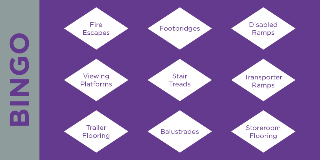 Eyes down! It’s time for #meshspotting #bingo. How many applications have you seen?  

ow.ly/Xvy150OgxGQ

#walkways #ramps #expandedmetal