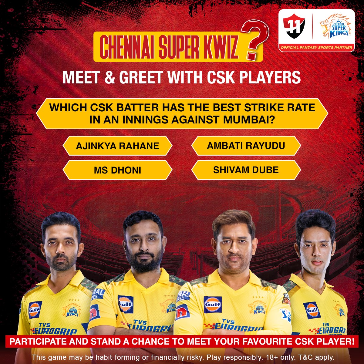 Vision11ofc's tweet photo. Ｐｏｗｅｒ ＋ Ｅｌｅｇａｎｃｅ ＝ ____ ❓

Guess the Super Striker 🦁

Download the Official Vision11 app now 📲

#Vision11 #ChennaiSuperKings #CSK #CSKvMI https://t.co/GXp03NVVdS
