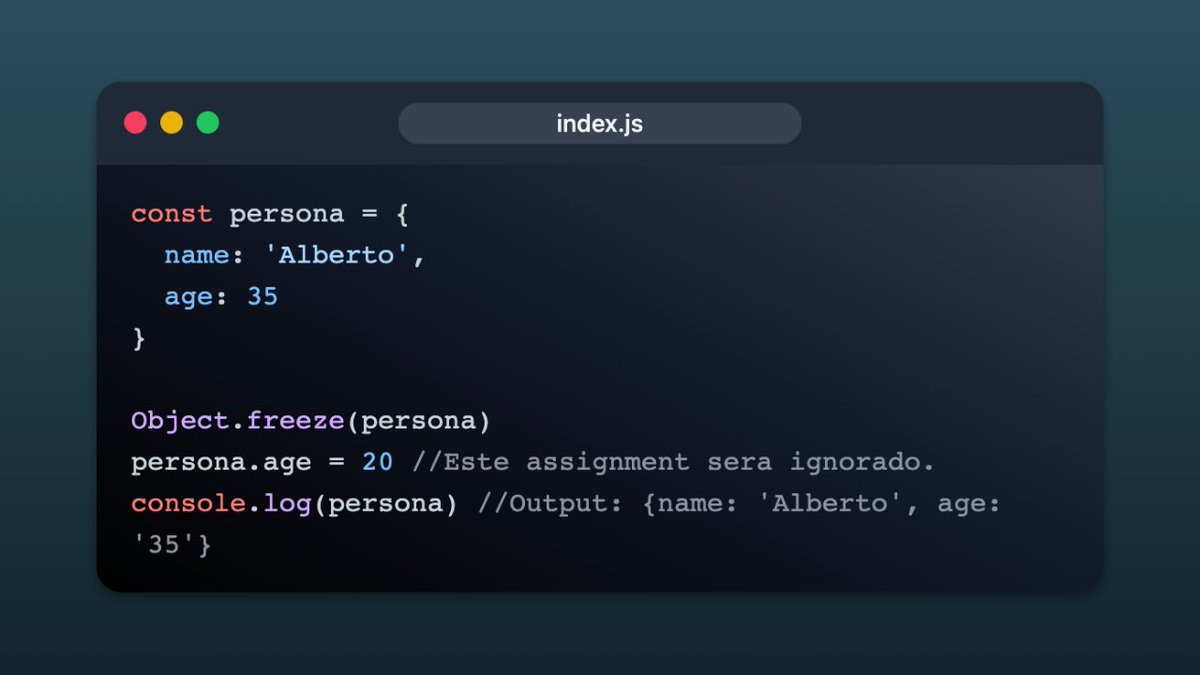 Classe_dev's tweet image. Os dejamos un nuevo #JavaScriptTip: puedes usar el método Object.freeze() para hacer un objeto inmutable, es decir, que no se pueden añadir propiedades, borrarlas, o cambiarlas.
Y si quieres más consejos como este... ya sabes, tenemos convocatoria abierta 😎.