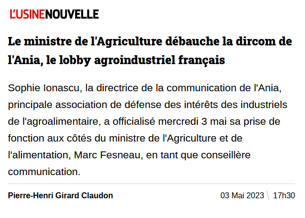 SylvainErnault's tweet photo. La dircom du principal lobby des industriels de l'agroalimentaire, Sophie Ionascu, devient conseillère communication du ministre de l'agriculture @MFesneau. #jeuxdinfluence
https://t.co/cPMspSS5ly https://t.co/Wzct6Z2LLl