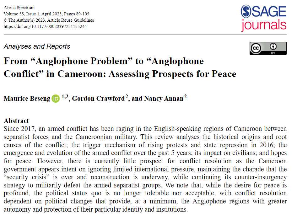 5⃣ @mubeseng, @NAnnan_dr & Gordon Crawford analyze the root causes and historical origins of the conflict between the separatist forces and the #Cameroonian military in the country's Anglophone region. 🎯doi.org/10.1177/000203… @covcampus @MYBISA