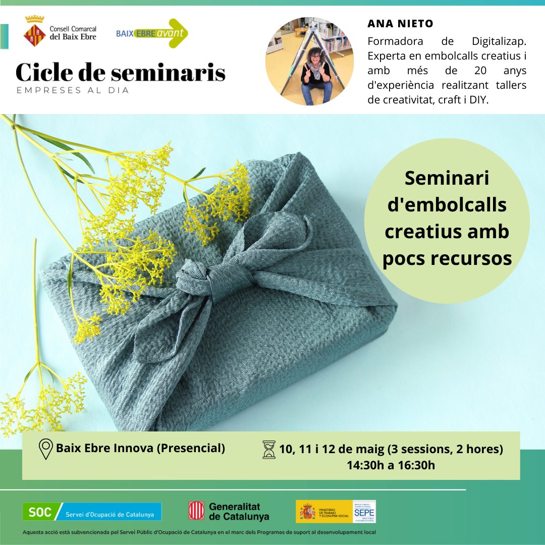 ACTIVACIÓ ECONÒMICA | Vols millorar la imatge comercial de la teua botiga? Inscriu-te al seminari d'embolcalls creatius que organitzem a Baix Ebre Innova
🗓10,11 i 12 de maig

⏰14.30 a 16.30
📲Inscripcions bit.ly/3LAoaOu