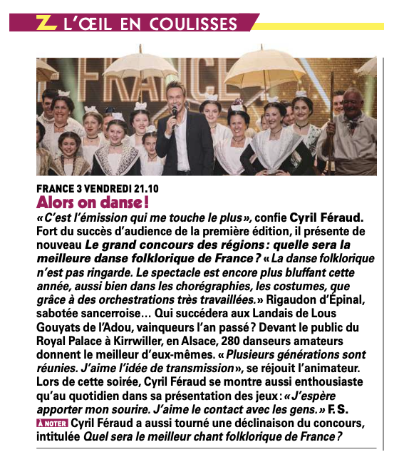 AhProd_'s tweet photo. La presse en parle 📢
💃Quelle sera la meilleure danse folklorique de France 2023 ? 👉 Ce soir à 21h10 sur @France3 !
📰Merci #TeleZ, #FranceDimanche, #Tele7jours et #TVGrandesChaines pour ces beaux articles !
@cyrilferaud @Satisfaction_tv https://t.co/QV0ltC2jHi