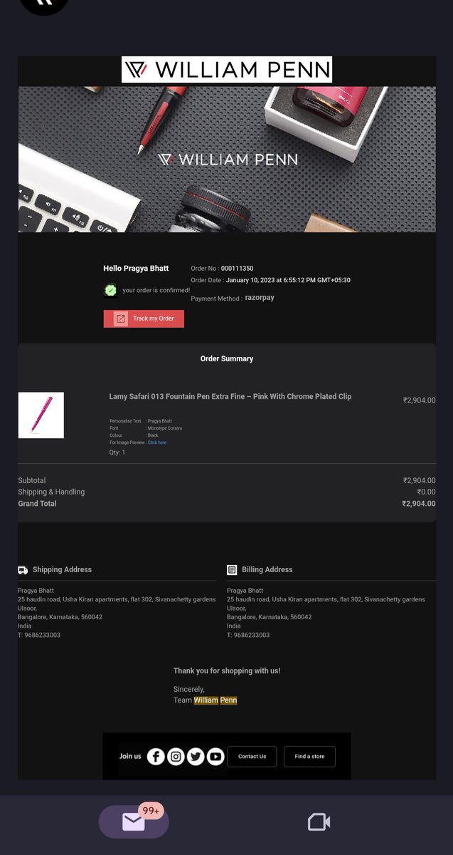 pragyabhatt's tweet photo. Ordered a customised #lamy pen on Jan 10th.  The nib is broken.  Flagged it to Koramangala store, Philip and Jagadish.  5 months, no pen and they won't refund of Rs. 3000/- @lamyindia @NikhilTRanjan https://t.co/lOJ4Bsedf1