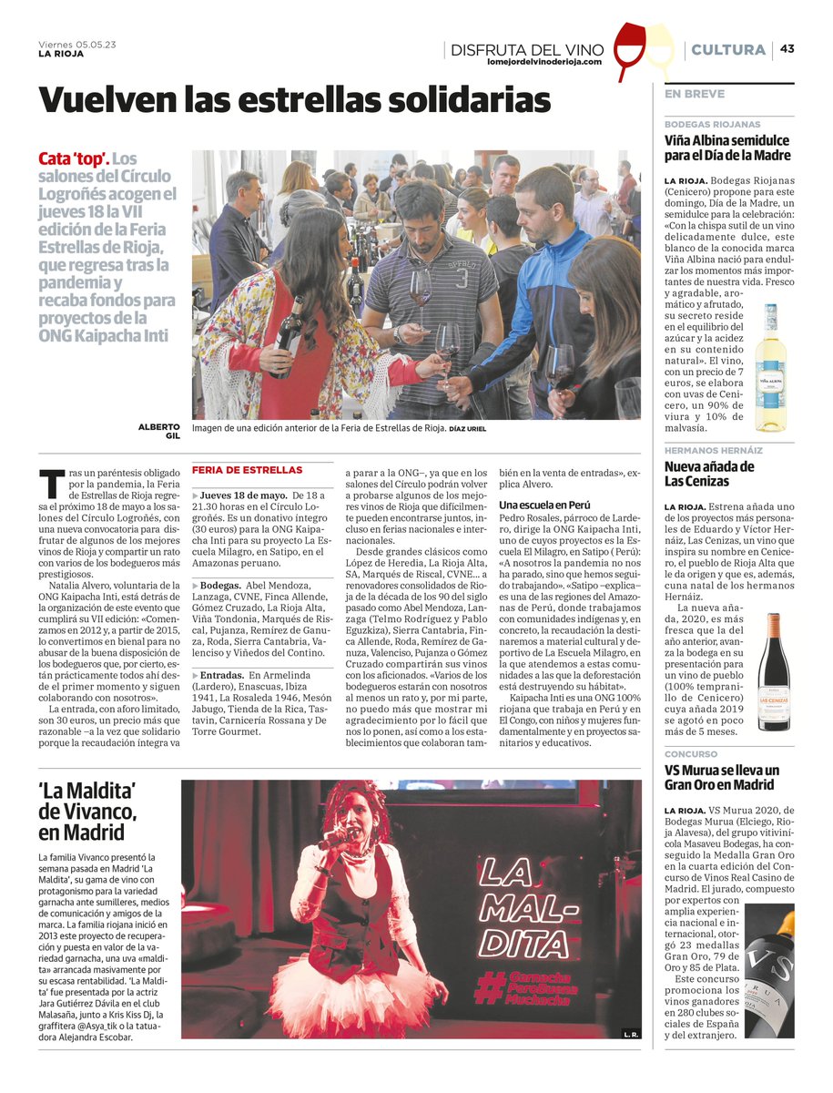 ¡El periódico La Rioja se hace eco de nuestra VII Feria de las Estrellas! 

📆  Será el 18 de mayo 
📍  En el Círculo Logroñés
 🕕  de 18:00 a 21:30h
💵💵 El donativo es de 30 euros y el aforo es limitado.

Te esperamos!!!
 👏👏👏