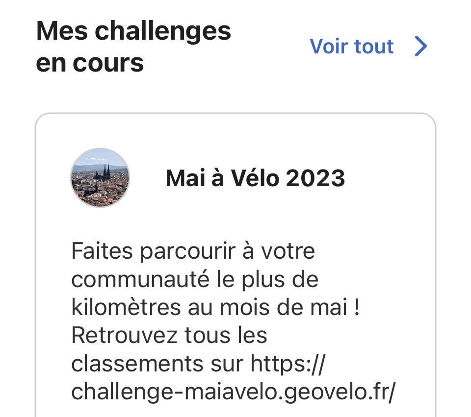 🏁🙂Habitant de Clermont Métropole ! 
Rejoignez le Challenge <a href="/geovelofr/">Geovelo</a> dans le cadre <a href="/mai_velo/">Mai à vélo</a> 

1⃣ Inscription gratuite sur l'appli #GeoVelo (qui donne des aides au trajets👍)
2⃣ Rejoindre la communauté "Clermont Auvergne Métropole"
3⃣ enregistrez vos trajets 🙂