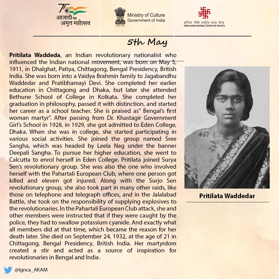 Ignca_AKAM's tweet photo. #PritilataWaddeda #freedomfighter #MinOfCultureGoI #ignca_delhi #AzadiKaAmritMahotsav https://t.co/8GOktletW3