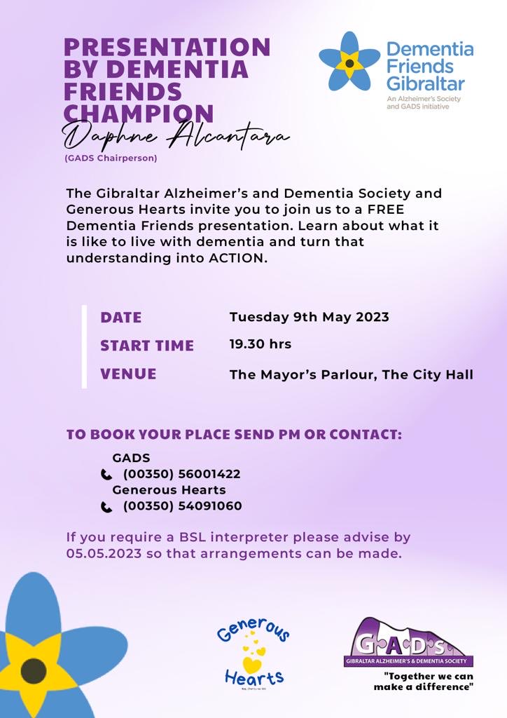 Join us become a Dementia Friend💜Together we can change the way we THINK, the way we ACT and the way we TALK about dementia. Very few spaces available !#dementiafriends #mayorofgibraltar #gibraltaralzheimersanddementiasociety #generoushearts #dementiafriendlycommunity#gibraltar