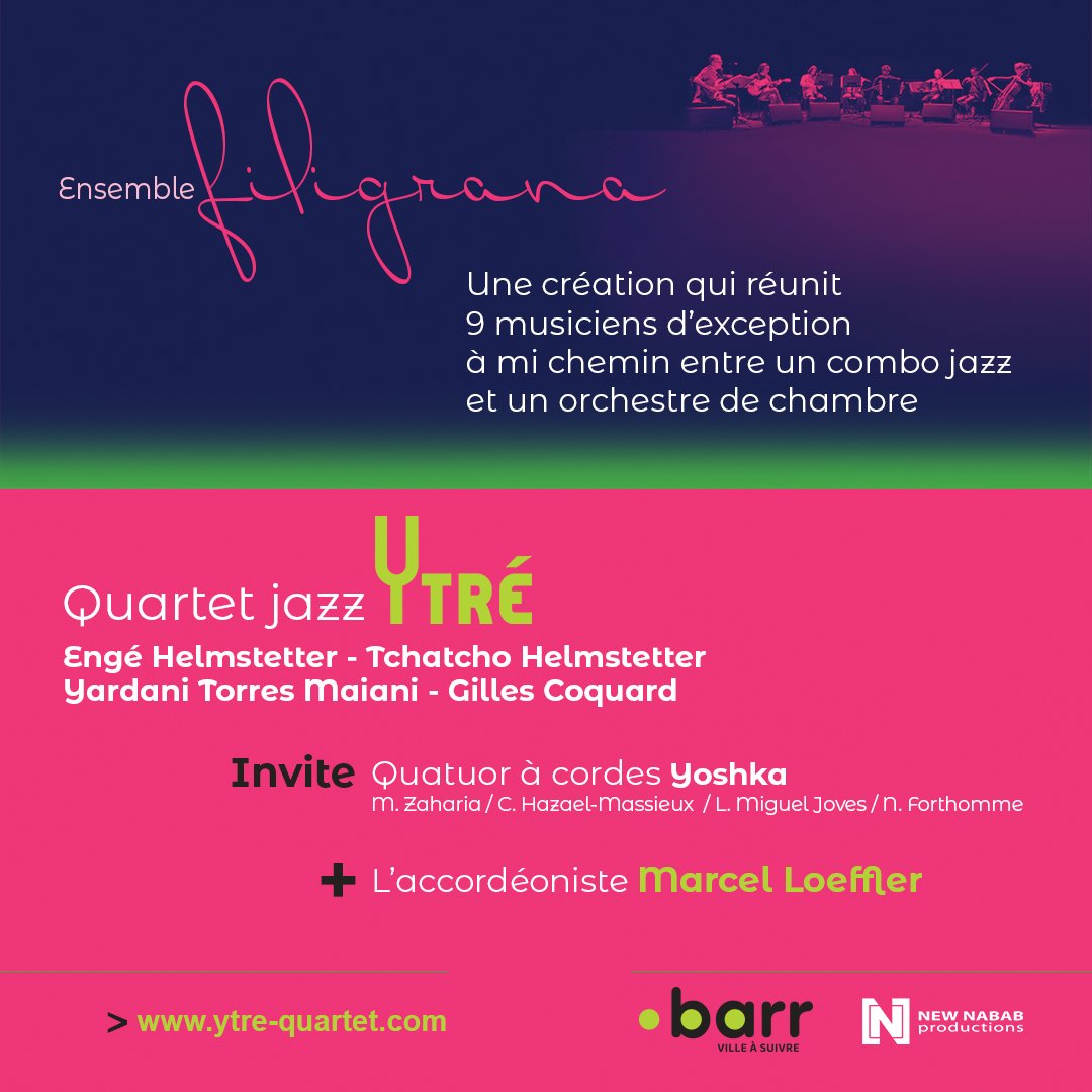 newnabab's tweet photo. Concert exceptionnel de «Filigrana», spectacle réunissant le quartet jazz Ytré, le quatuor à cordes Yoshka et l'accordéoniste Marcel Loeffler. 
14/05/23 Barr (67) - Entrée libre https://t.co/KI1OZeRb3h