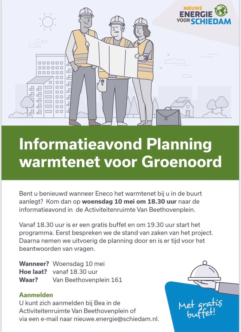 Wat is de planning van het warmtenet in Groenoord? En wat wordt gedaan om gierzwaluwen, huismussen en vleermuizen te beschermen? Daarover gaat de informatieavond op 10 mei in de Activiteitenruimte Van Beethovenplein. Aanmelden kan via nieuwe.energie@schiedam.nl