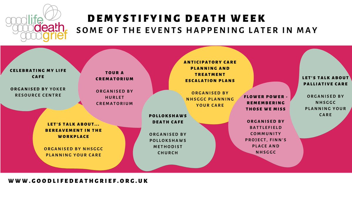 Demystifying Death Week continues until 7th May, but events and activities continue across #Scotland through May. @NHSGGC_ACP @HurletCremation @finns_place @YokerResource #DemystifyDeath
See the full events listing:
goodlifedeathgrief.org.uk/blogs/demystif…