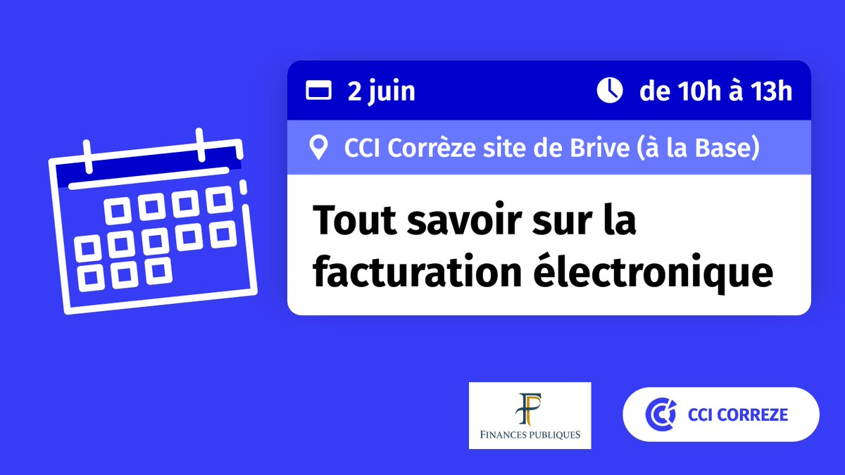 ✅ Les DDFIP de Corrèze et de Creuse, en partenariat avec la CCI Corrèze, vous invitent  à une réunion d’informations sur la facturation électronique.
 
🎯 Merci de répondre au questionnaire pour nous permettre de préparer la réunion bit.ly/3LVcZBk