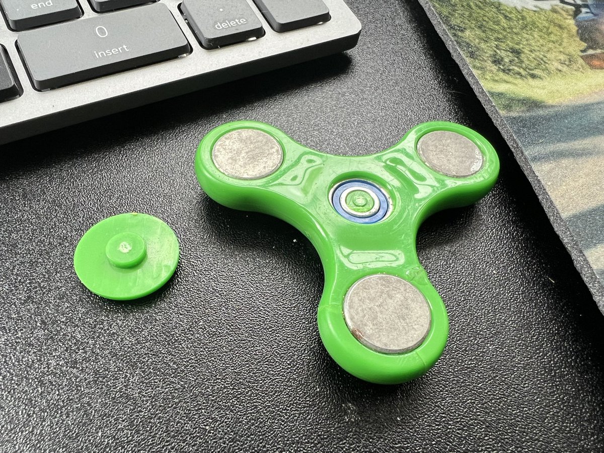 My favourite fidget spinner is broken. It had the right mix of weight and bearing friction. I’ll try super glue, but I think long meetings will be a struggle until a replacement is sourced. Sorry.