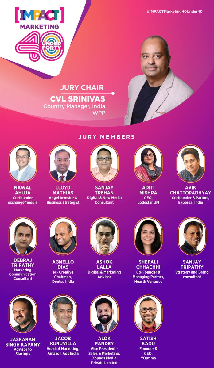 IMPACT_onnet's tweet photo. Meet the jury for IMPACT Marketing 40 Under 40 2023.

https://t.co/bKx9yaJiLc

#CVLSrinivas @WPP @nawalahuja @LloydMathias @santre @LodestarUM @Byapok @ashoklalla @shefc @Sanjay_Tripathy @JaskaranKapany @AmazonAds @alokpandey2k @satishkadu @neetanairhere @anjana_naskar https://t.co/zQgWGOxmnT