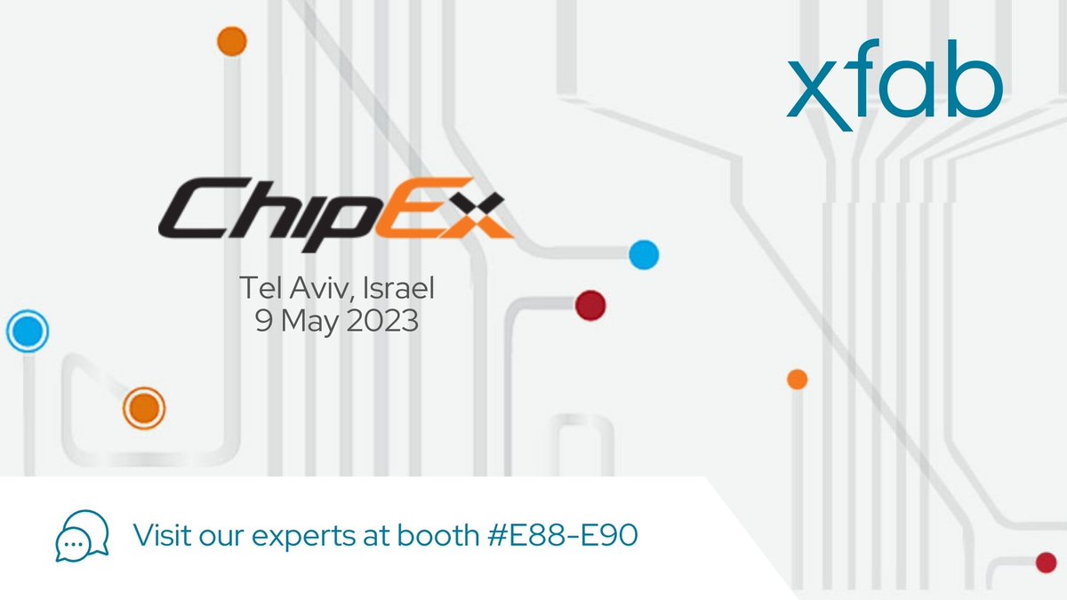 XFAB_FOUNDRY's tweet photo. Happy to join #ChipEx 2023 next week. The largest event of the Israeli #semiconductor industry is taking place in Tel Aviv showcasing companies incl. manufacturers, developers, suppliers of advanced hardware technologies. Visit us at booth # E88-E90.👉https://t.co/grQDRFZFlu https://t.co/Ssv0lPPRPE