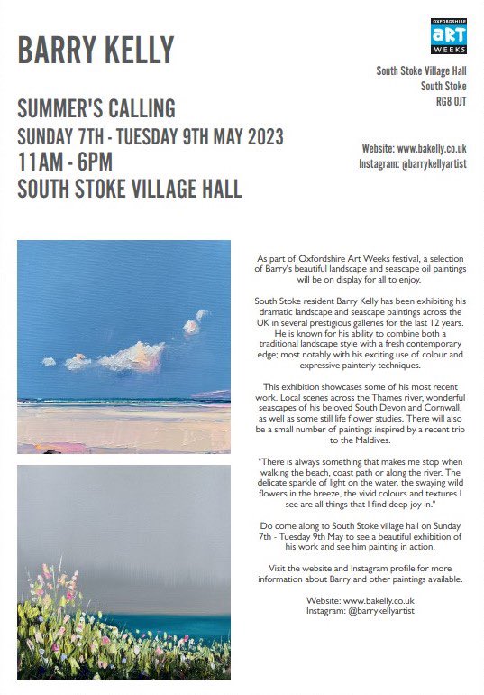 GarethDeanPR's tweet photo. Helping my friend &amp; artist Barry Kelly promote his art show in South Stoke this weekend from Tuesday to Sunday

Usually his delightful wife Jen would be doing it, but she is in hospital, so I am trying to help out!

He is a sensational artist &amp; lovely man, so RTs appreciated https://t.co/ZxW7xP6hoI