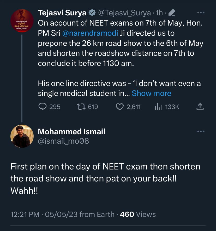 zoo_bear's tweet photo. So @Tejasvi_Surya @BJP4Karnataka plans a road show on 7th despite knowing that 1.9 lakh students from Karnataka are scheduled to write NEET on Sunday. After outrage by students and their parents, BJP resheduled PM Modi's roadshow. 
They now praise PM for the Masterstroke. Didn't your state unit know about the exams?