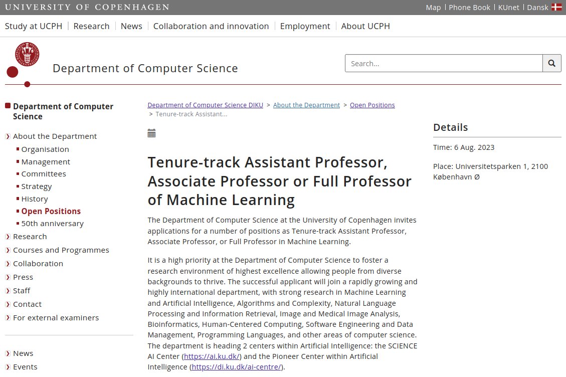 Machine Learning Section @UCPH (@mlsectionucph) on Twitter photo Check out the latest call for Multiple Tenure-Track Assistant, Associate, and Full Professorship positions at <a href="/MLSectionUCPH/">Machine Learning Section @UCPH</a> <a href="/DIKU_Institut/">DIKU - Department of Computer Science, UCPH</a>.
Deadline: 6th Augst 2023.
#AcademicTwitter #JobPosting #MachineLearning
di.ku.dk/english/about/… Check out the latest call for Multiple Tenure-Track Assistant, Associate, and Full Professorship positions at <a href="/MLSectionUCPH/">Machine Learning Section @UCPH</a> <a href="/DIKU_Institut/">DIKU - Department of Computer Science, UCPH</a>.
Deadline: 6th Augst 2023.
#AcademicTwitter #JobPosting #MachineLearning
di.ku.dk/english/about/…