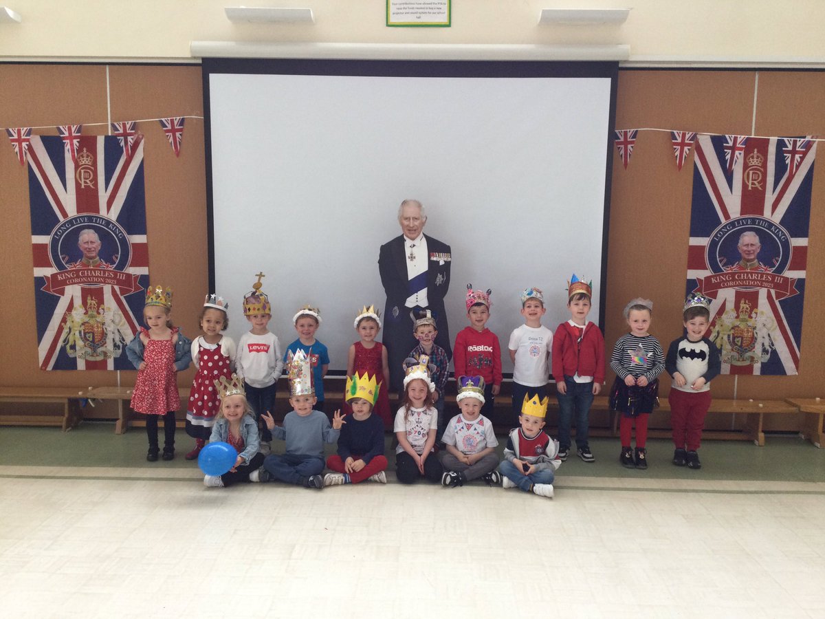 Dibnah class dressed in red, white and blue and wearing their home made crowns for our school Coronation celebration. #Coronation2023 #EYFS #DfE