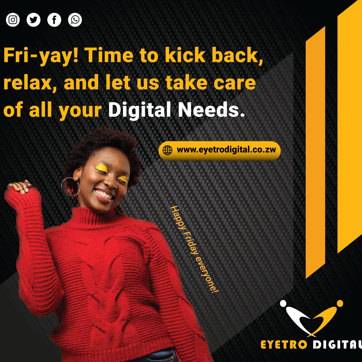EyetroS's tweet photo. TGIF! We're wrapping up another successful week of helping our clients crush their digital marketing goals. Cheers to the weekend 🎉 #digitalmarketingagency #TGIFriday #weekendvibes #friday #weekend #love #fridayvibes #tgif #fridaymood https://t.co/aUcfH5rdIE