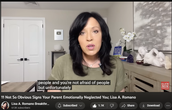 16,423 views  30 Apr 2023  Fawning Response; Codependency Recovery
https://www.lisaaromano.com/12wbcp Healing Program
amazon.com/author/lisaaromano Books 
https://www.lisaaromano.com/breakthro... 
#emotionalhealing #narcissisticparent #emotionalneglect Hi there, welcome to my YouTube Channel.Today, we're going to be discussing a very important topic that affects many people - emotional neglect from parents. "When we flee our vulnerability, we lose our full capacity for feeling emotion." I love this quote by Gabor Mate. This quote identifies the necessity for the exploration of pain, rather than the walling ourselves off from the experiences in childhood that caused emotional trauma. 

In this video, I'll be sharing 11 signs that your parent emotionally neglected you, and how to start healing from this experience. So, if you're ready to learn more about this topic and start your journey towards healing, make sure to stick around and hit that subscribe button for more healing content cre