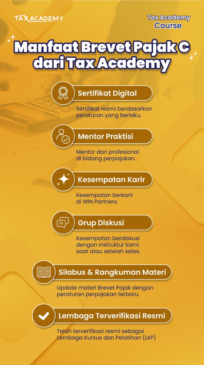 Ikut Brevet Pajak C dari Tax Academy biar karir perpajakan kamu makin cemerlanggg✨✨

✅Brevet Pajak C untuk Umum cuma 2.700.000
✅Buat mahasiswa? LEBIH MURAH LAGI! Cuma 2.650.000

Daftar sekarang: bit.ly/TAbrevetc

KUOTA TERBATAS!