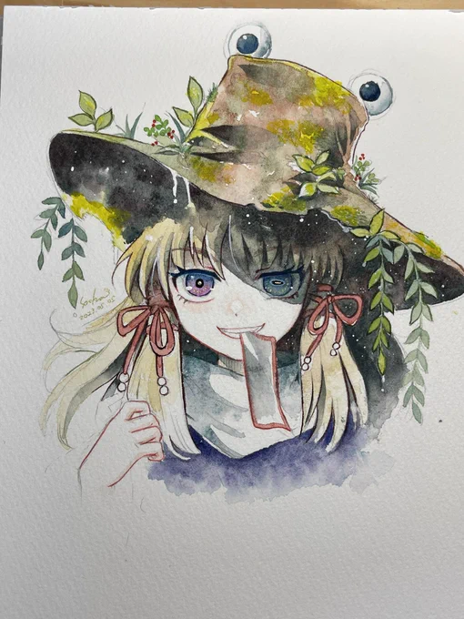 着彩2時間半。透明水彩と一部不透明水彩。おえかき道場の原画展示コーナーに置いときますので気になったら見にきてね! #例大祭20