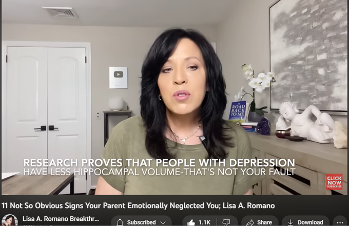 16,423 views  30 Apr 2023  Fawning Response; Codependency Recovery
https://www.lisaaromano.com/12wbcp Healing Program
amazon.com/author/lisaaromano Books 
https://www.lisaaromano.com/breakthro... 
#emotionalhealing #narcissisticparent #emotionalneglect Hi there, welcome to my YouTube Channel.Today, we're going to be discussing a very important topic that affects many people - emotional neglect from parents. "When we flee our vulnerability, we lose our full capacity for feeling emotion." I love this quote by Gabor Mate. This quote identifies the necessity for the exploration of pain, rather than the walling ourselves off from the experiences in childhood that caused emotional trauma. 

In this video, I'll be sharing 11 signs that your parent emotionally neglected you, and how to start healing from this experience. So, if you're ready to learn more about this topic and start your journey towards healing, make sure to stick around and hit that subscribe button for more healing content cre