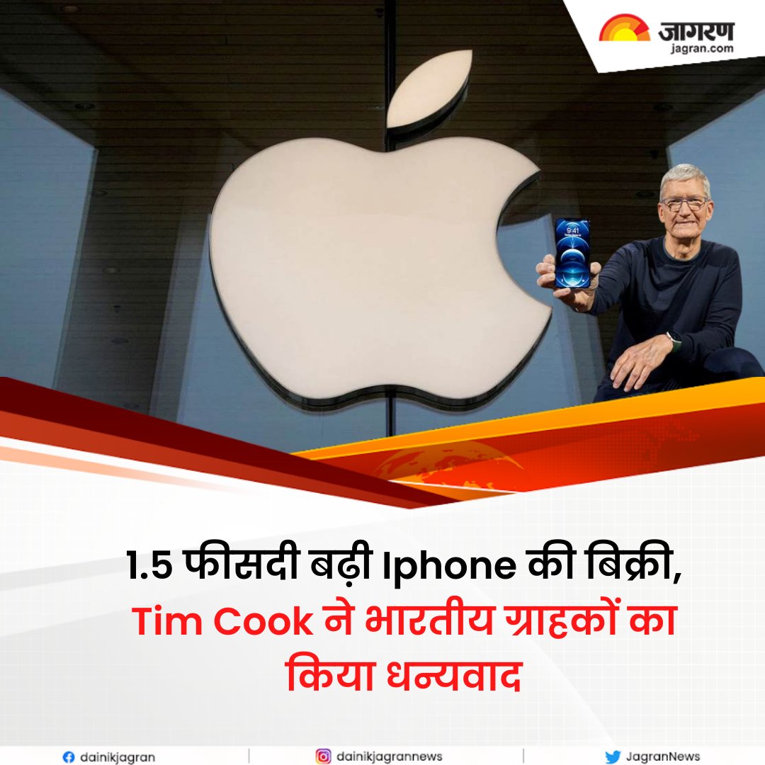 JagranNews's tweet photo. https://t.co/Roua7iB57W || 1 अप्रैल तिमाही के नतीजे जारी करते हुए एपल ने अपने रेवेन्यू में उम्मीद से बेहतर बढ़ोतरी हासिल की है। कंपनी के शेयरों में भी 2 प्रतिशत का इजाफा हुआ है। कंपनी ने बताया की आईफोन की बिक्री बढ़कर 419100 करोड़ रुपये की हो गई है।
#TimCrook #IphoneSales #IndianCustomers
@tim_cook