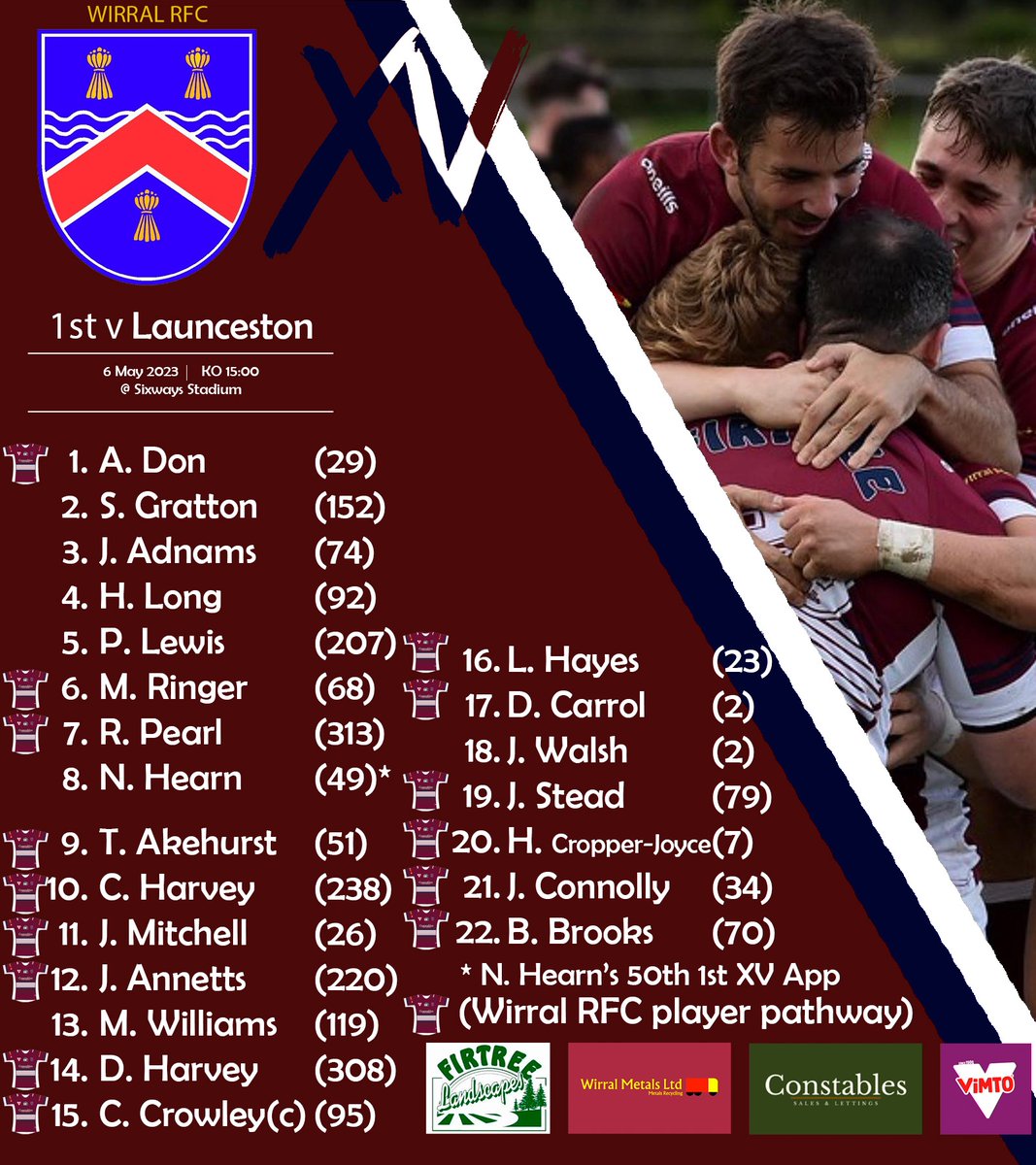 TEAM NEWS!!

For the last time this season the 1st XV will run out. This time at @sixwaysstadium

They face Launceston rufc

Special mention to Nick Hearn who will receive his 50th appearance for the club.

#wirralrugby #maroonandwhites