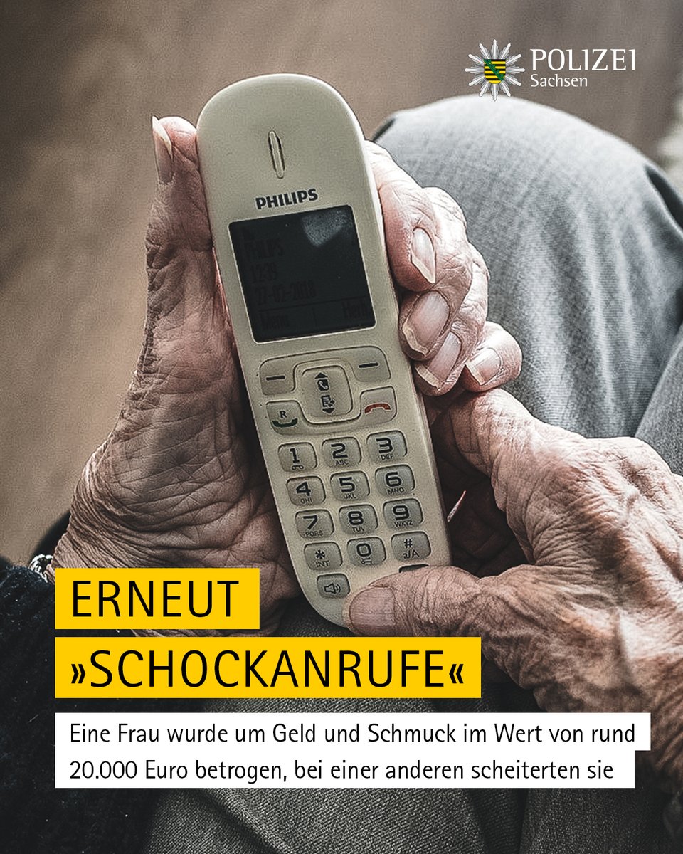 PolizeiSachsen's tweet photo. Unbekannte haben eine Frau in #Wachwitz bei einem Schockanruf um Geld und Schmuck im Wert von rund 20.000 Euro betrogen. Bei einer weiteren Frau aus #Hirschstein scheiterten sie.

Hinweise zu Schockanrufen &amp; weitere Meldungen der Polizeidirektion #Dresden: https://t.co/88DfRiL8EQ https://t.co/XxSTjetLUV