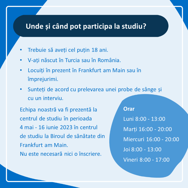 rki_de's tweet photo. 🇷🇴 Proveniţi din România si locuiţi in Frankfurt/Main sau împrejurimi? Atunci ne-am bucura să susţineţi studiul #HepMig!

Vrem să îmbunătăţim accesul la prevenirea hepatitei B, C si D şi a asistenţei medicale pentru imigranţii din 🇷🇴. 

📝 Toate detaliile si beneficiile 💶⬇️