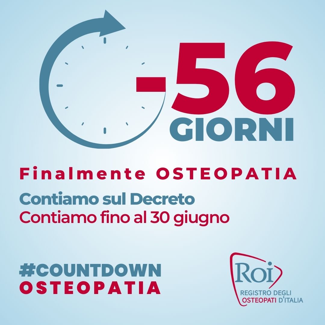 #COUNTDOWNOSTEOPATIA Verso il 30 giugno, data che concluderà l'iter della legge che istituisce la nostra professione.   

⏰ -56 giorni al Decreto

<a href="/mur_gov_/">Ministero dell'Università e della Ricerca</a>
<a href="/BerniniAM/">Anna Maria Bernini 🇮🇹</a>
<a href="/MinisteroSalute/">Ministero della Salute</a>
<a href="/marcellogemmato/">Marcello Gemmato 🇮🇹</a>

#osteopatia #osteopati #osteopatiaprofessionesanitaria
