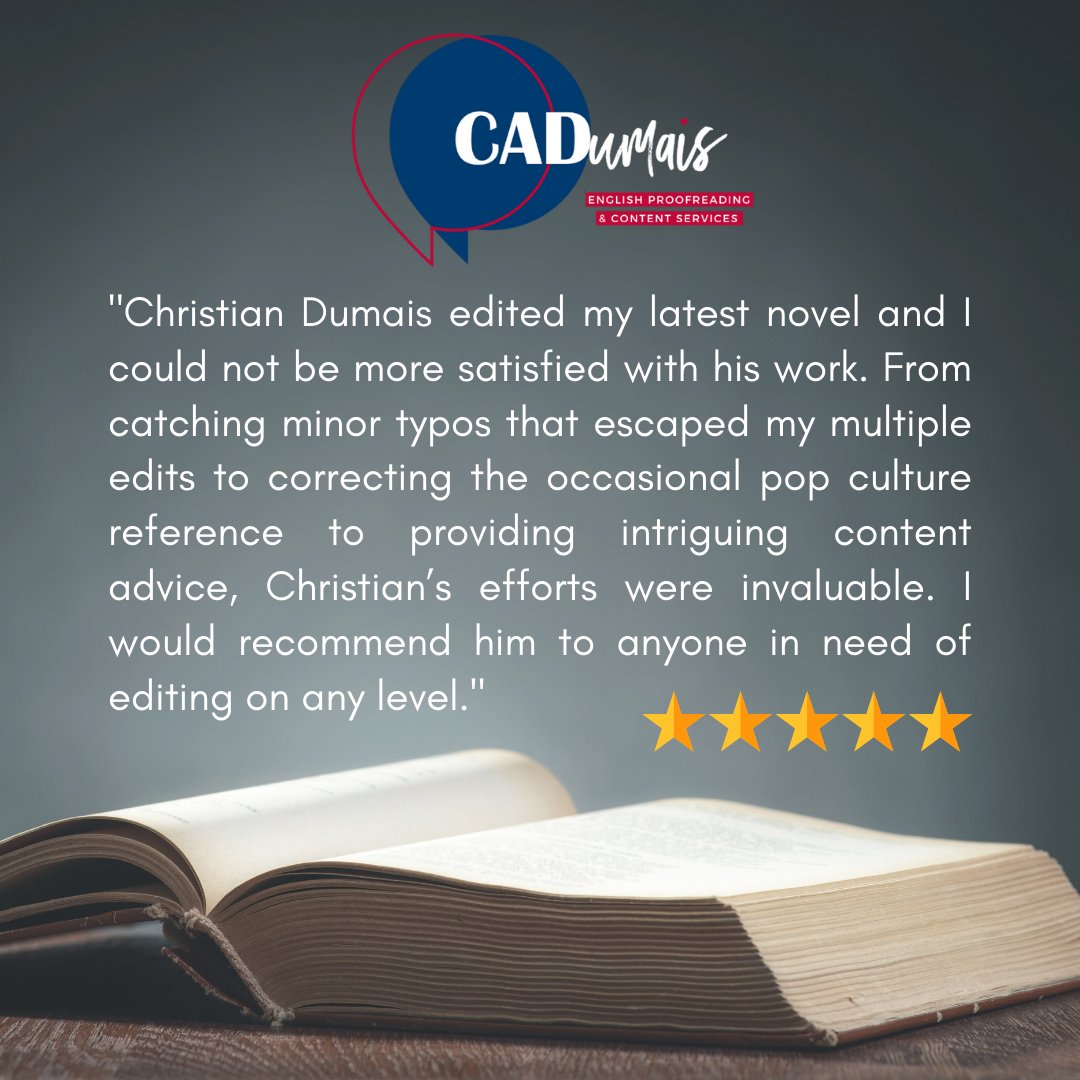 CADumaiscom's tweet photo. "I would recommend him to anyone in need of editing on any level." ⭐️⭐️⭐️⭐️⭐️

(This project was so much fun! I hope the rest of the world gets to read this wonderful book soon.) https://t.co/1MrmKBPjwY