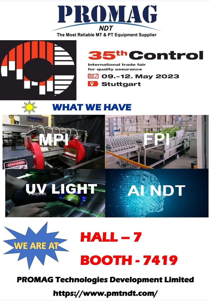 PROMAG_NDT's tweet image. Exciting news! PROMAG will attend #CONTROL2023 in Stuttgart for new product innovations! Visit booth 7419 in hall 7 to see our lightweight portable UV lights &amp;amp; discuss MPI, FPI (incl. ODM &amp;amp; OEM), and iEagleAI robotics applications for automotive/aerospace industries.