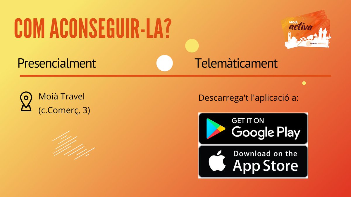 Encara no tens la targeta de Moià Activa? Aconsegueix-la i gaudeix dels seus avantages!
#moiaactiva #comerçdeproximitat #comerçlocal