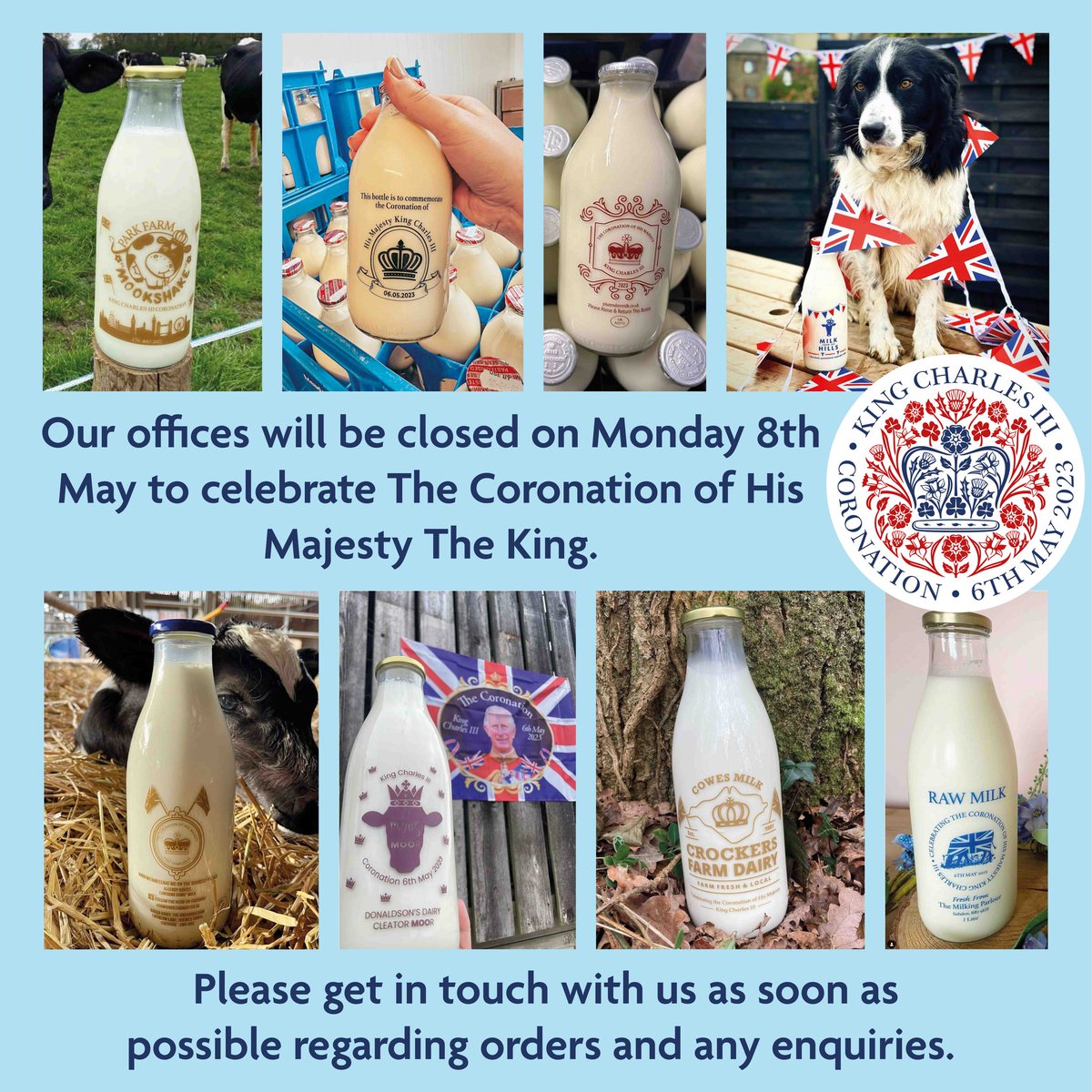 Our offices will be closed on Monday 8th May to celebrate The Coronation of His Majesty The King 👑
If you would like to place an order or make an enquiry, please call 01282683900 ☎️

 #hismajestyscoronation #coronationmilkbottles #milkbottles #bottle #glassbottleprinting #glass